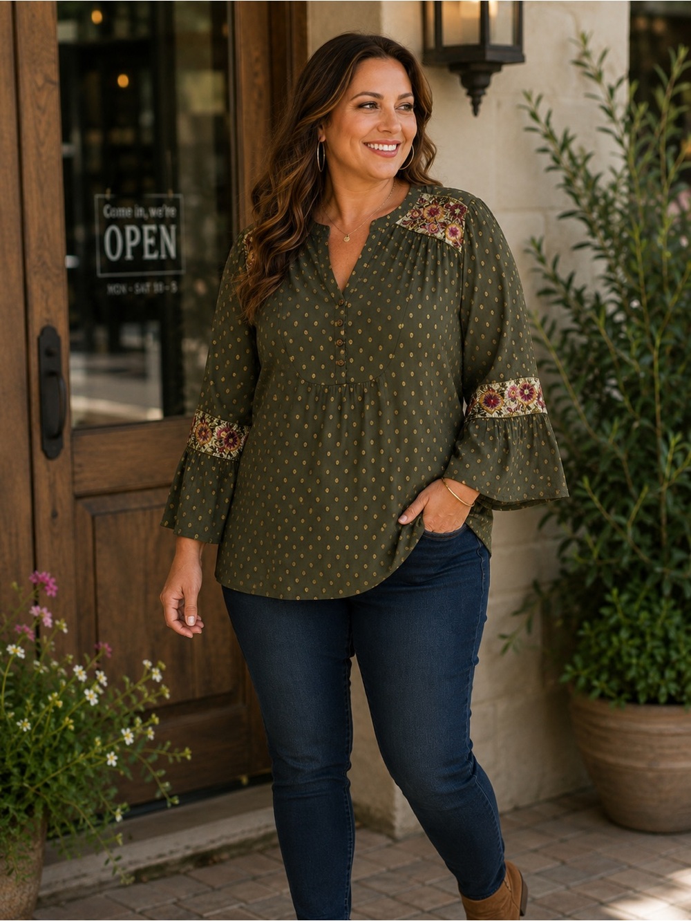Chico’s 1 Olive Embroidered Clip Dot Boho Tunic Top Velvet Trim Artisan Blouse